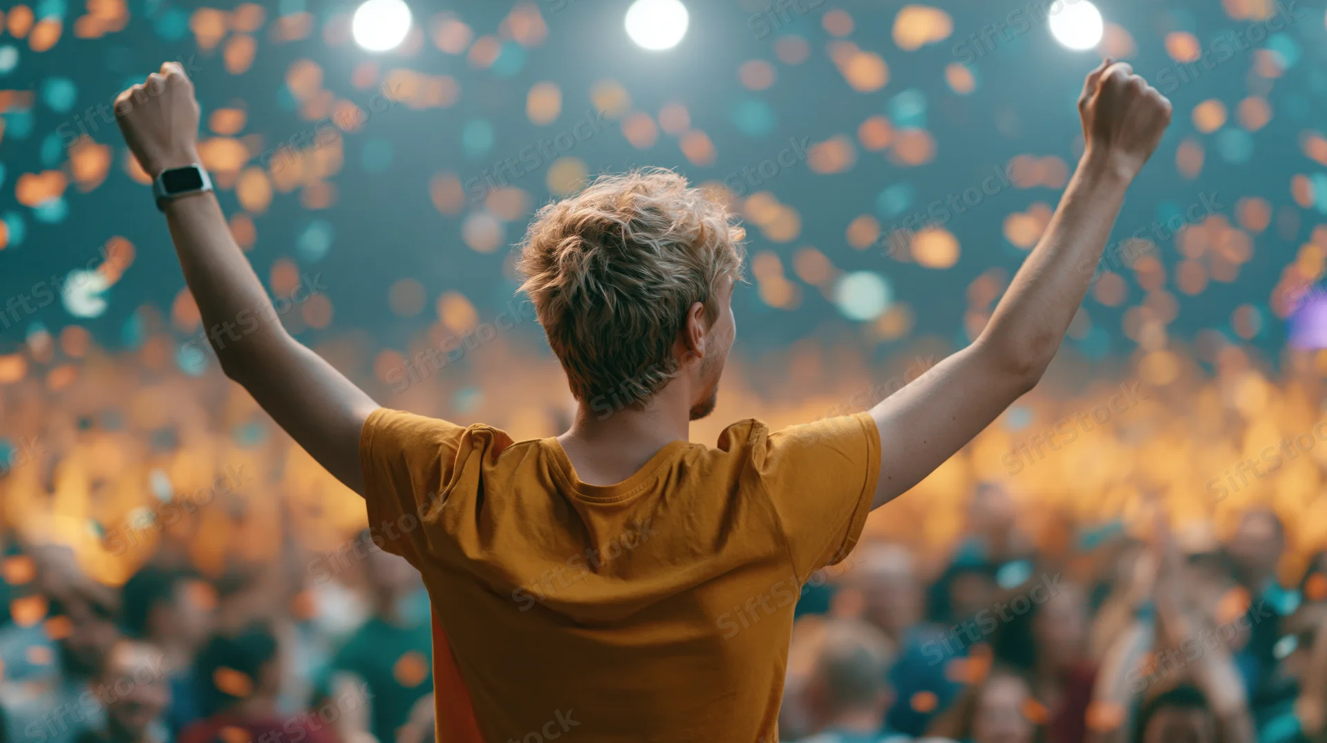 Young man with arms raised at concert crowd
