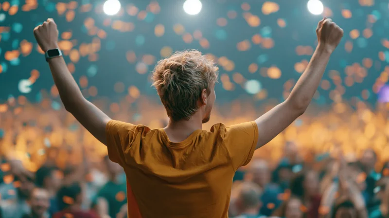 Young man with arms raised at concert crowd