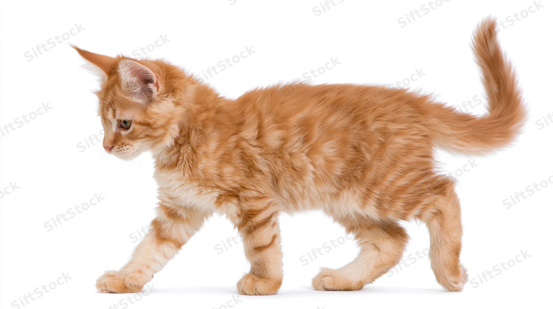 Orange tabby kitten walking midstride in profile against white background