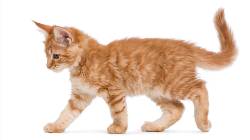 Orange tabby kitten walking midstride in profile against white background