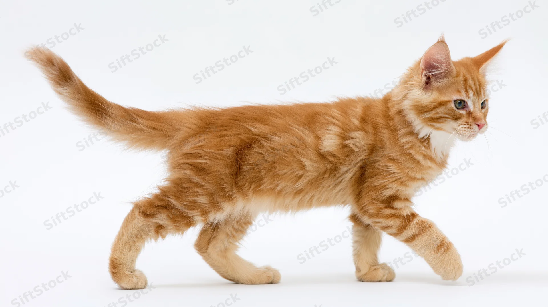 Orange tabby kitten walking alert midstride on white background