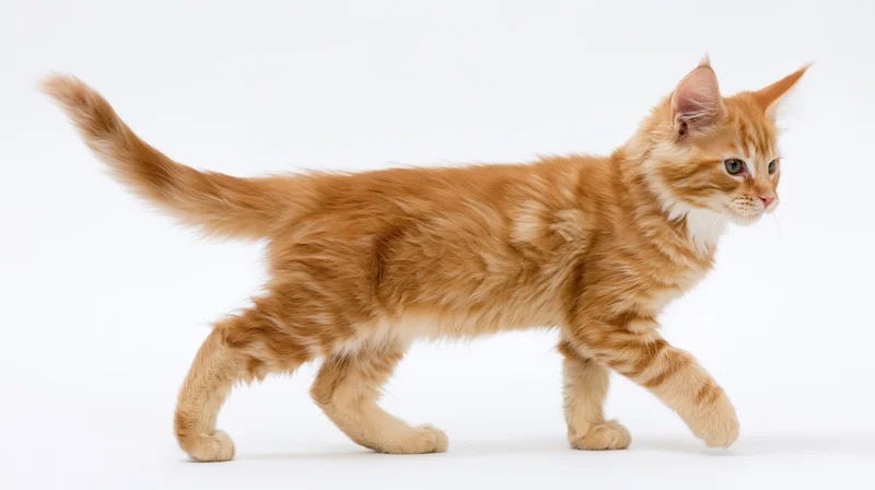 Orange tabby kitten walking alert midstride on white background