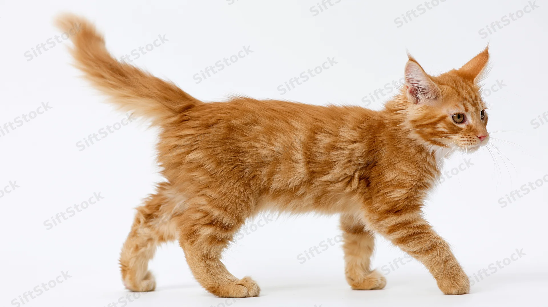 Young orange tabby maine coon kitten walking alert midstride on white background