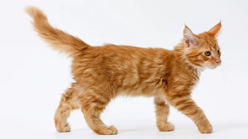Young orange tabby maine coon kitten walking alert midstride on white background