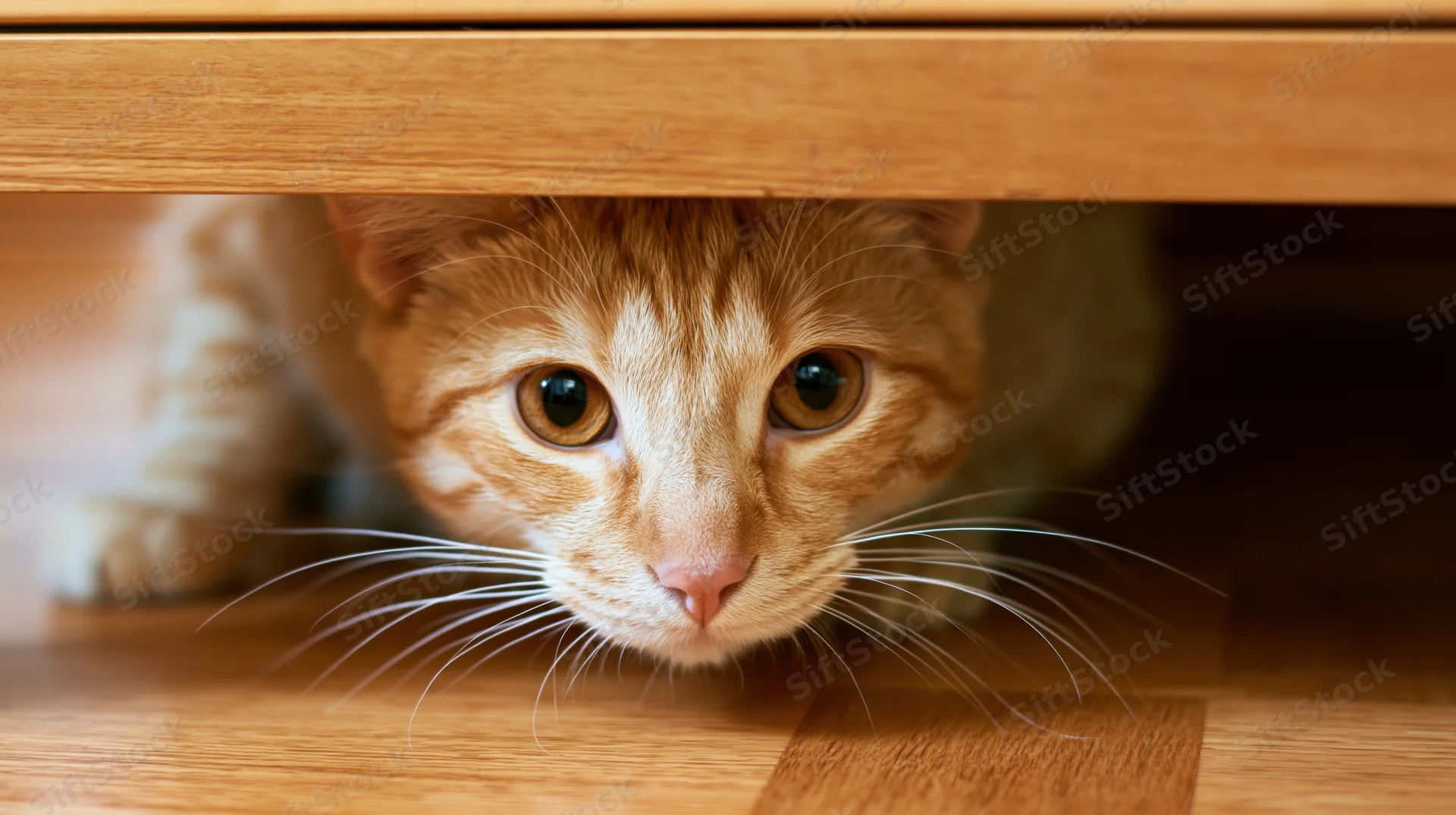 Young orange tabby cat crouching low and peering out from under a wooden table onto a hardwood floor