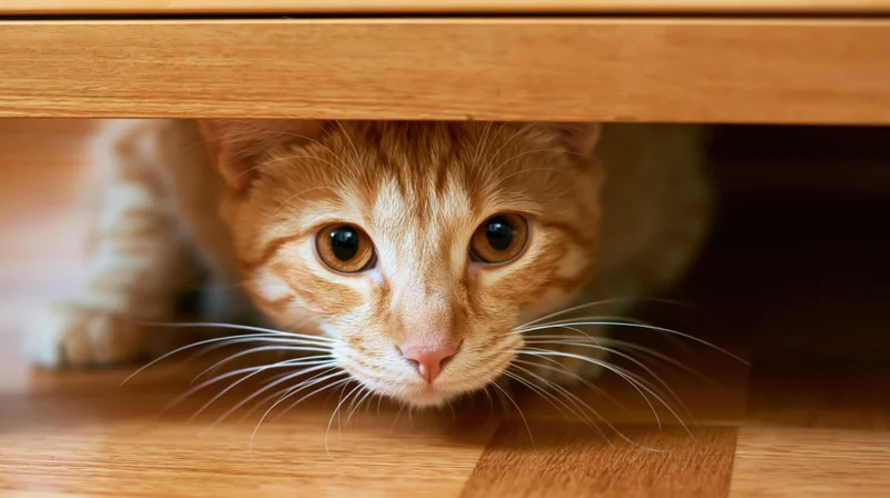Young orange tabby cat crouching low and peering out from under a wooden table onto a hardwood floor