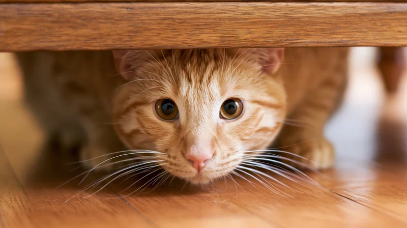 Young orange tabby cat crouching low and peering out from under a wooden table on hardwood floor