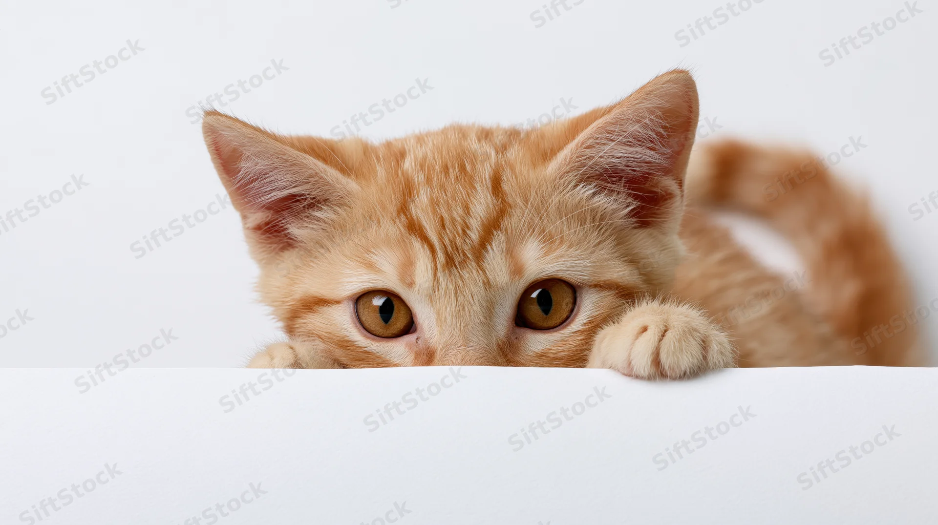 Orange tabby kitten peeking over white surface with paws and eyes visible
