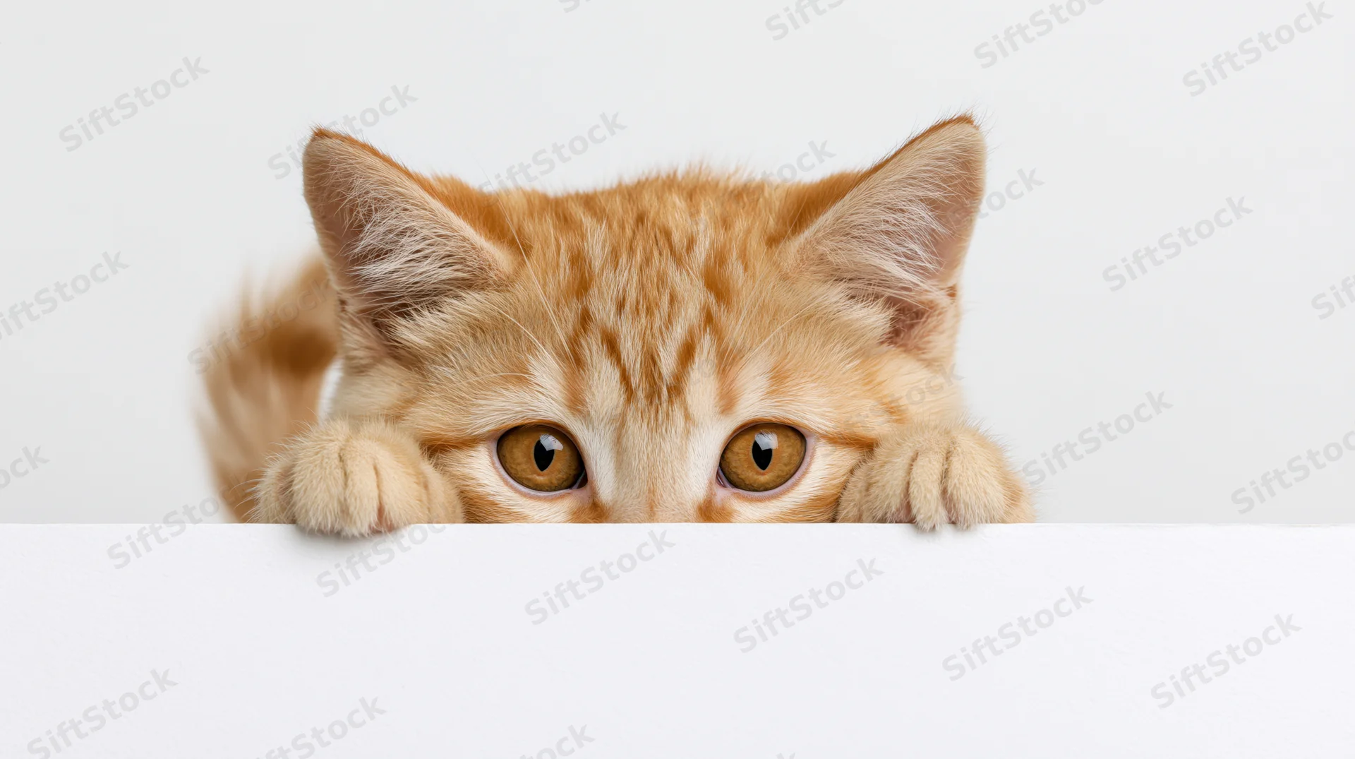 Young orange tabby kitten peeking over white surface with paws and eyes visible