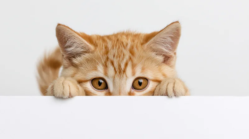 Young orange tabby kitten peeking over white surface with paws and eyes visible