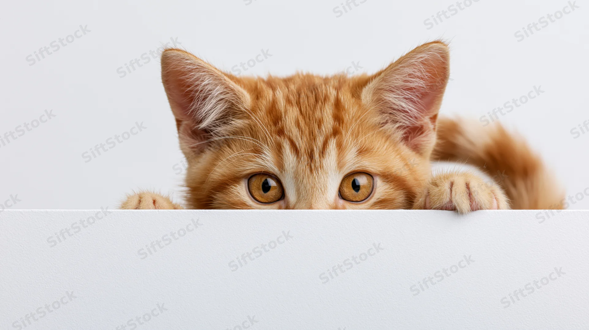 Young orange tabby kitten peeking over white surface with paws and eyes visible