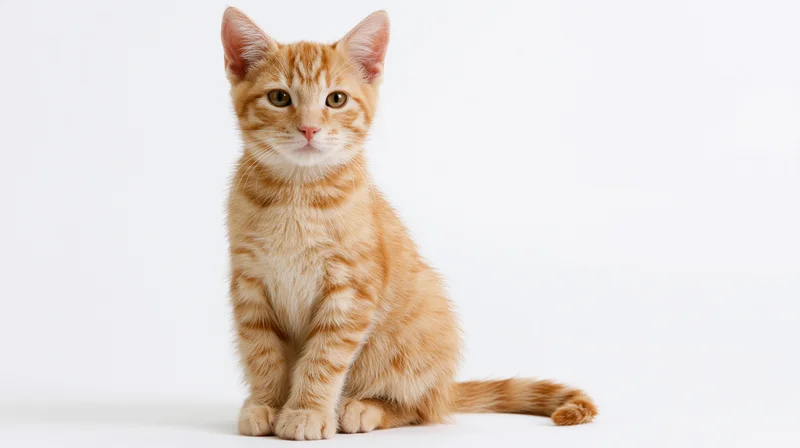 Young orange tabby kitten sitting upright facing the camera on white background