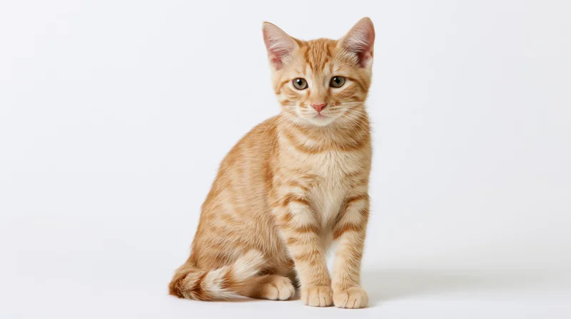 Young orange tabby kitten sitting upright facing the camera on white background