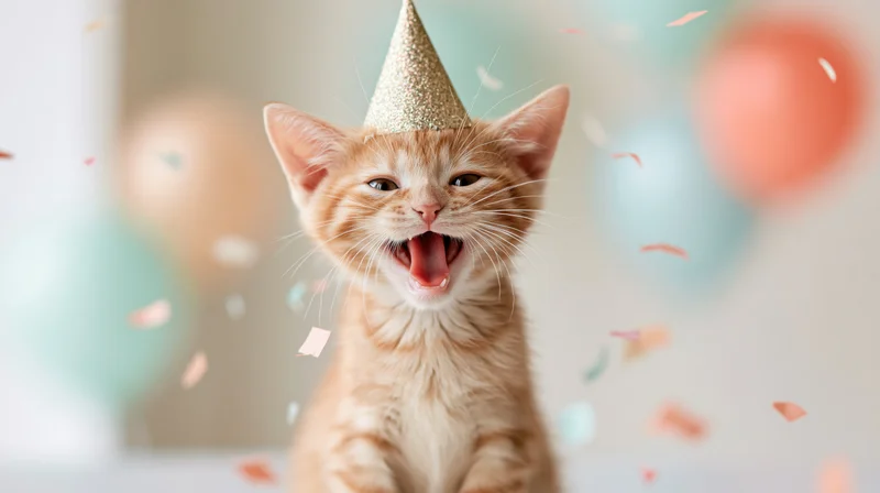 Young tabby kitten wearing a glittery party hat with mouth open amidst falling confetti and blurred balloons