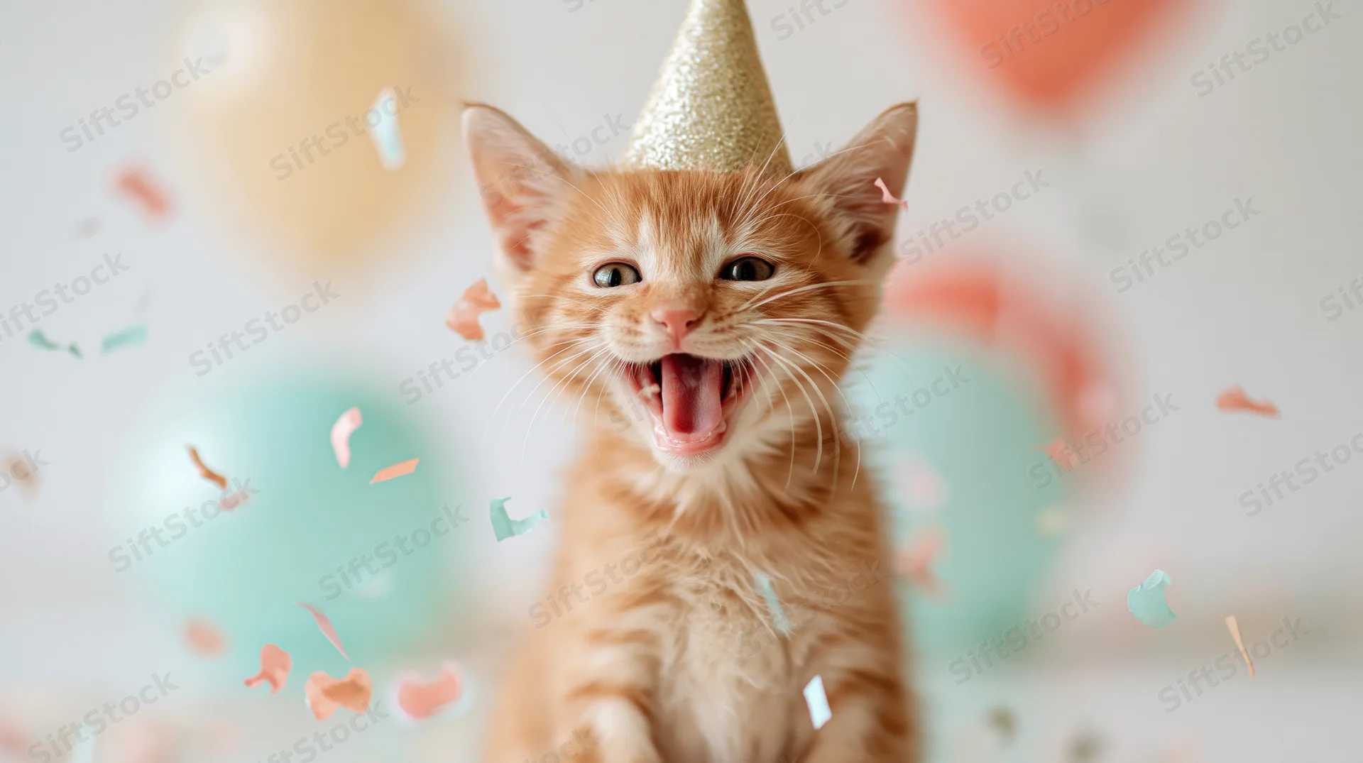 Young tabby kitten wearing a glittery party hat with open mouth amidst falling confetti and blurred balloons