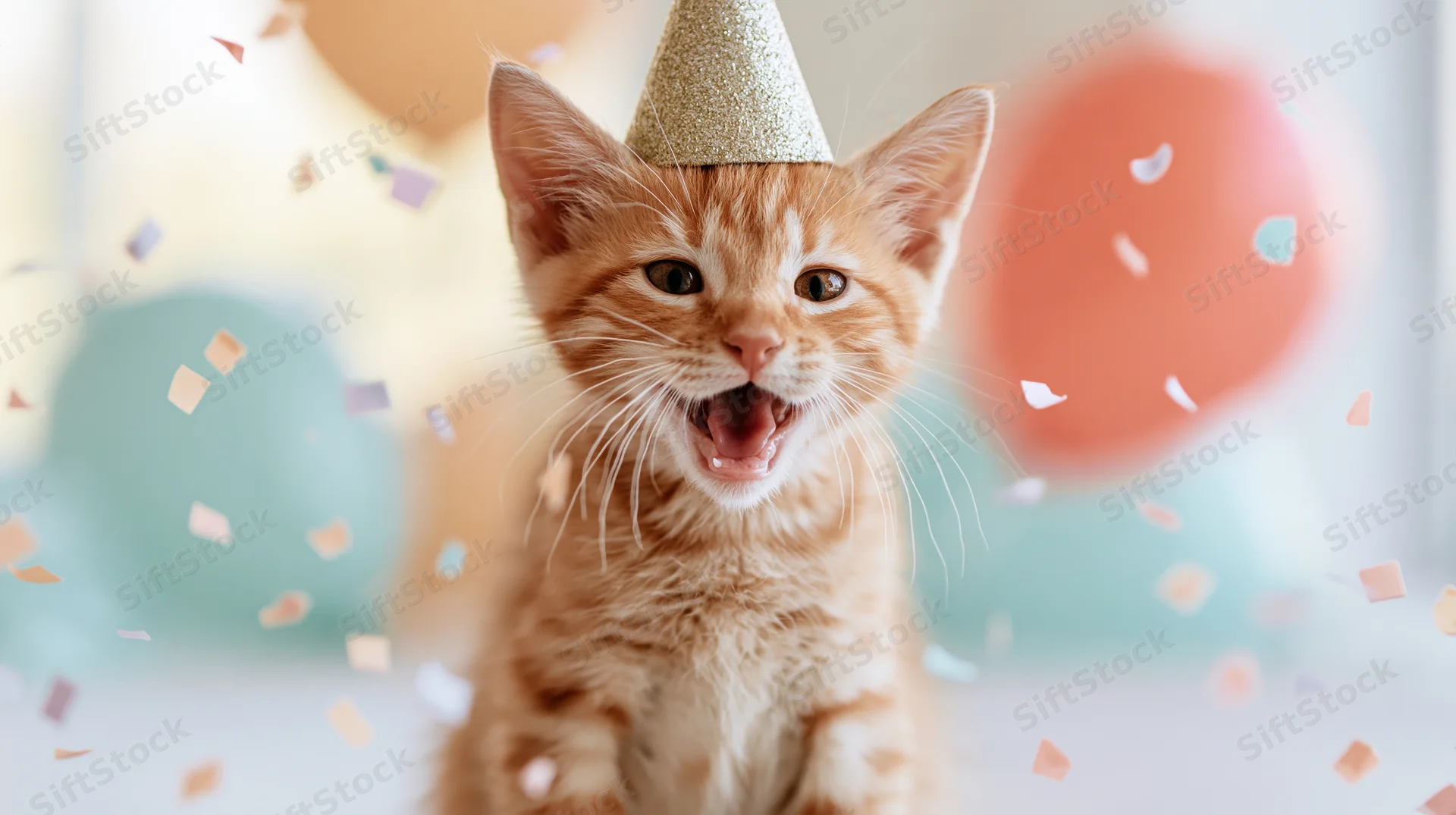 Young tabby kitten wearing a glittery party hat with open mouth amidst falling confetti and blurred balloons