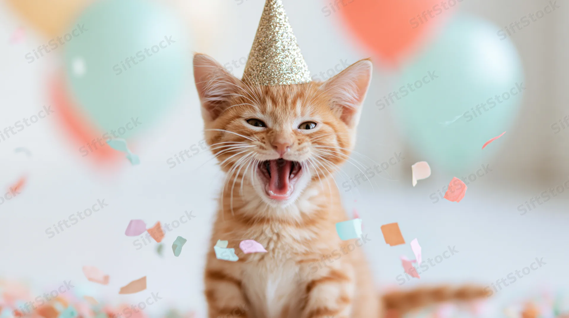 Young tabby kitten wearing a glittery party hat with mouth open amidst falling confetti and balloons in a bright indoor setting