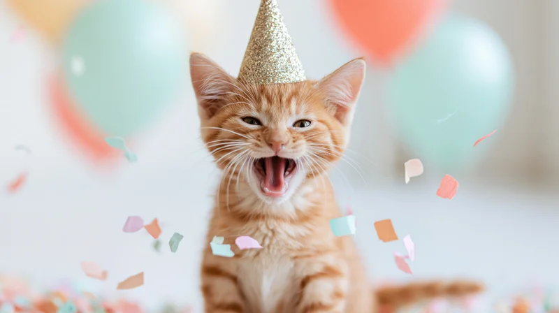 Young tabby kitten wearing a glittery party hat with mouth open amidst falling confetti and balloons in a bright indoor setting