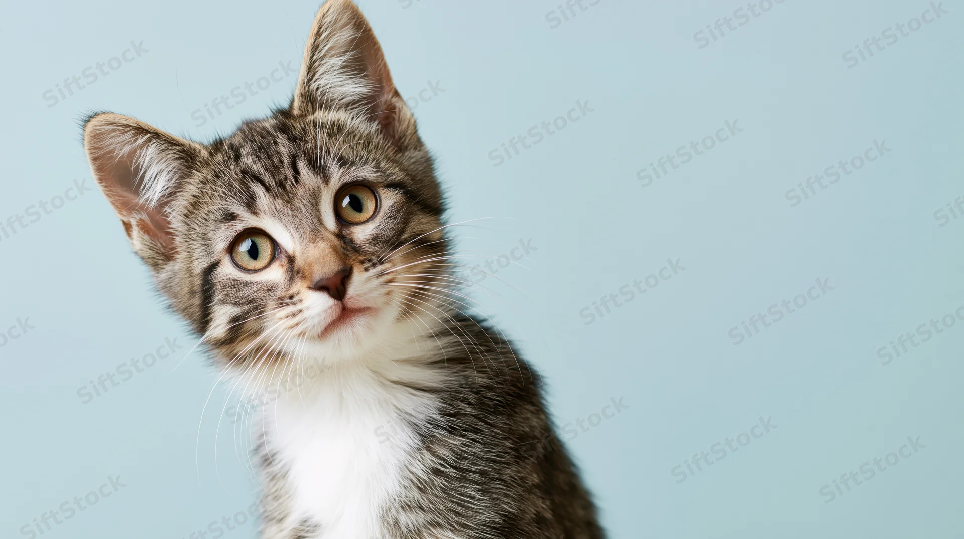 Young tabby kitten looking curiously to the side against a light blue background