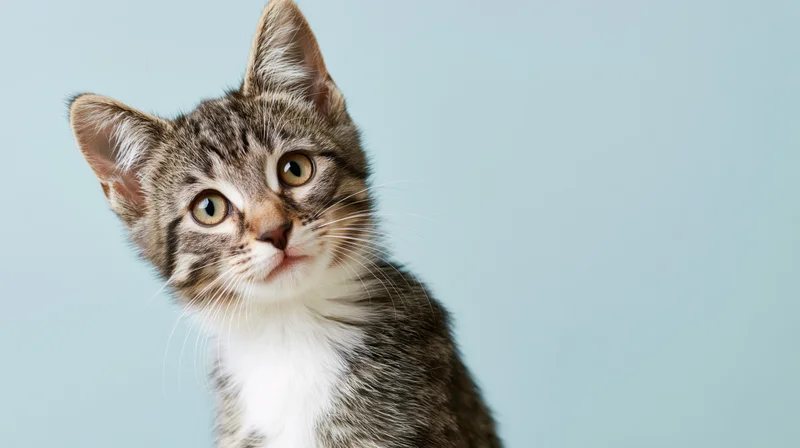 Young tabby kitten looking curiously to the side against a light blue background