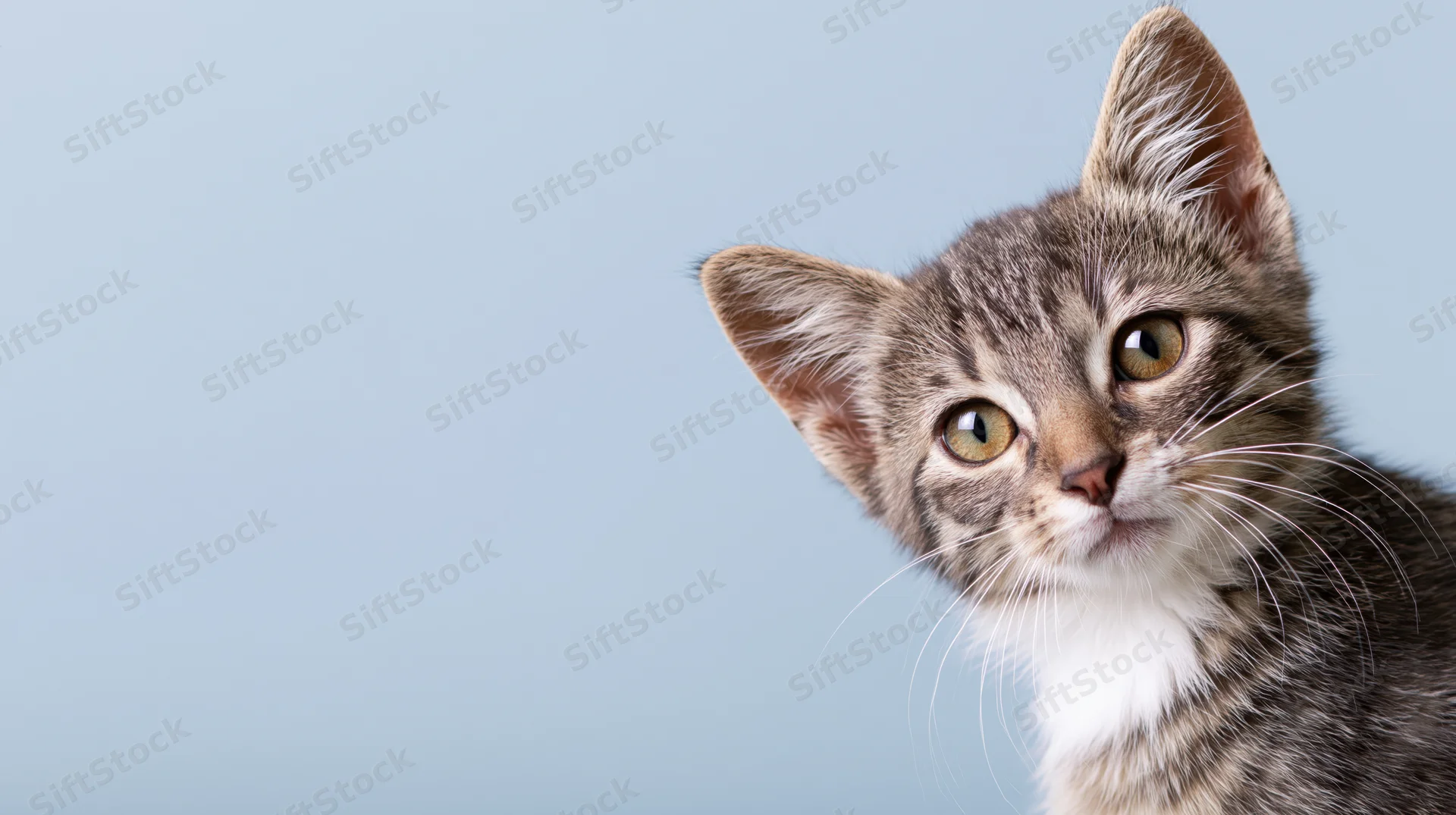 Young tabby kitten with white chest markings looking curiously against a light blue background