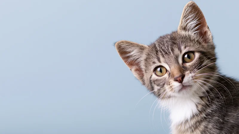 Young tabby kitten with white chest markings looking curiously against a light blue background