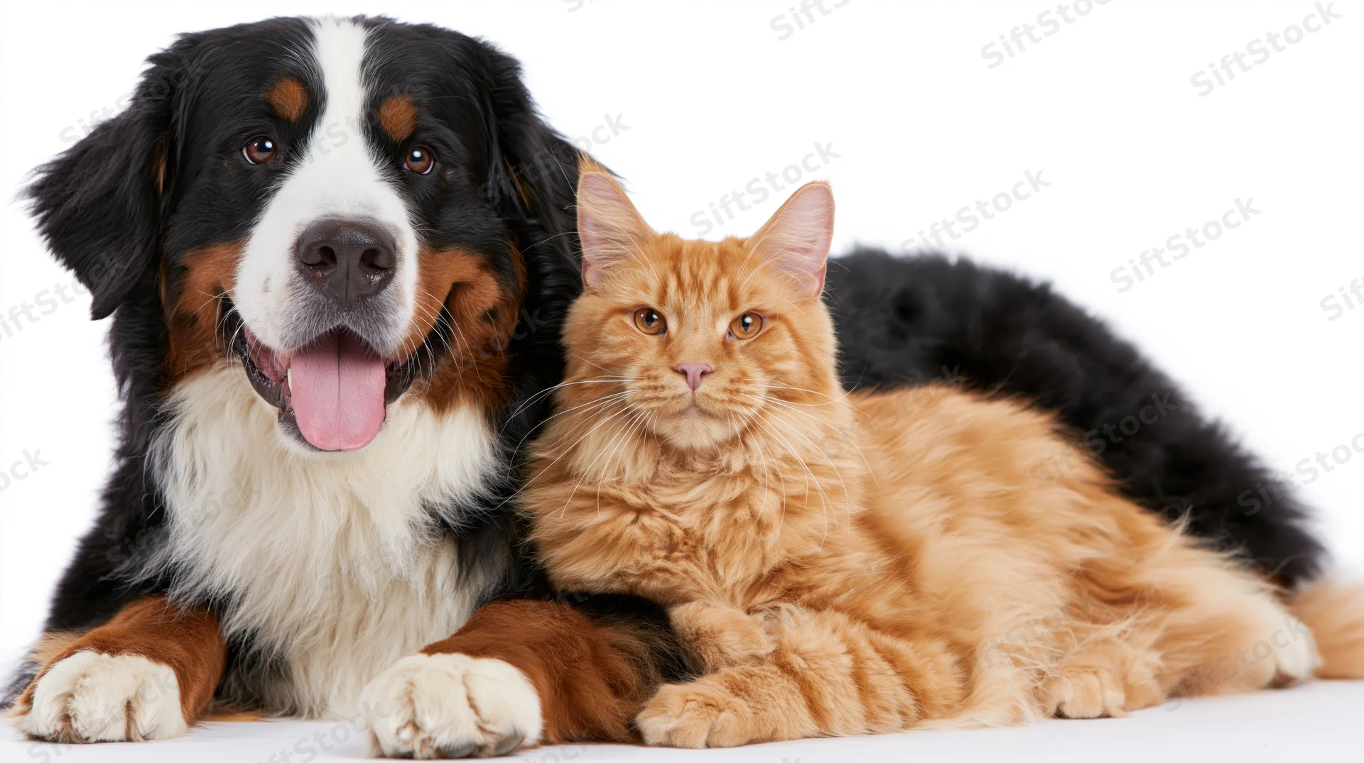Bernese mountain dog lying beside orange cat on white background