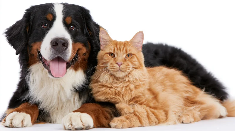 Bernese mountain dog lying beside orange cat on white background