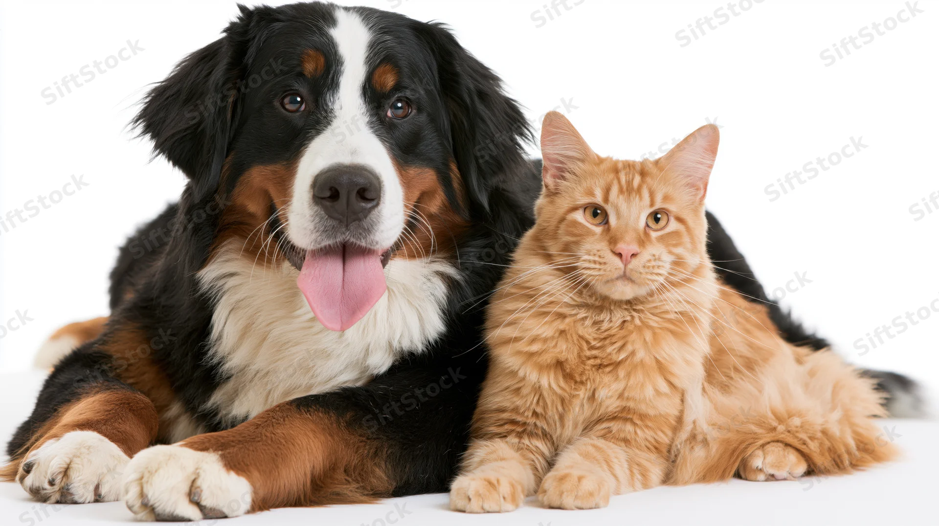 Bernese mountain dog lying with tongue out beside an orange tabby cat on white background