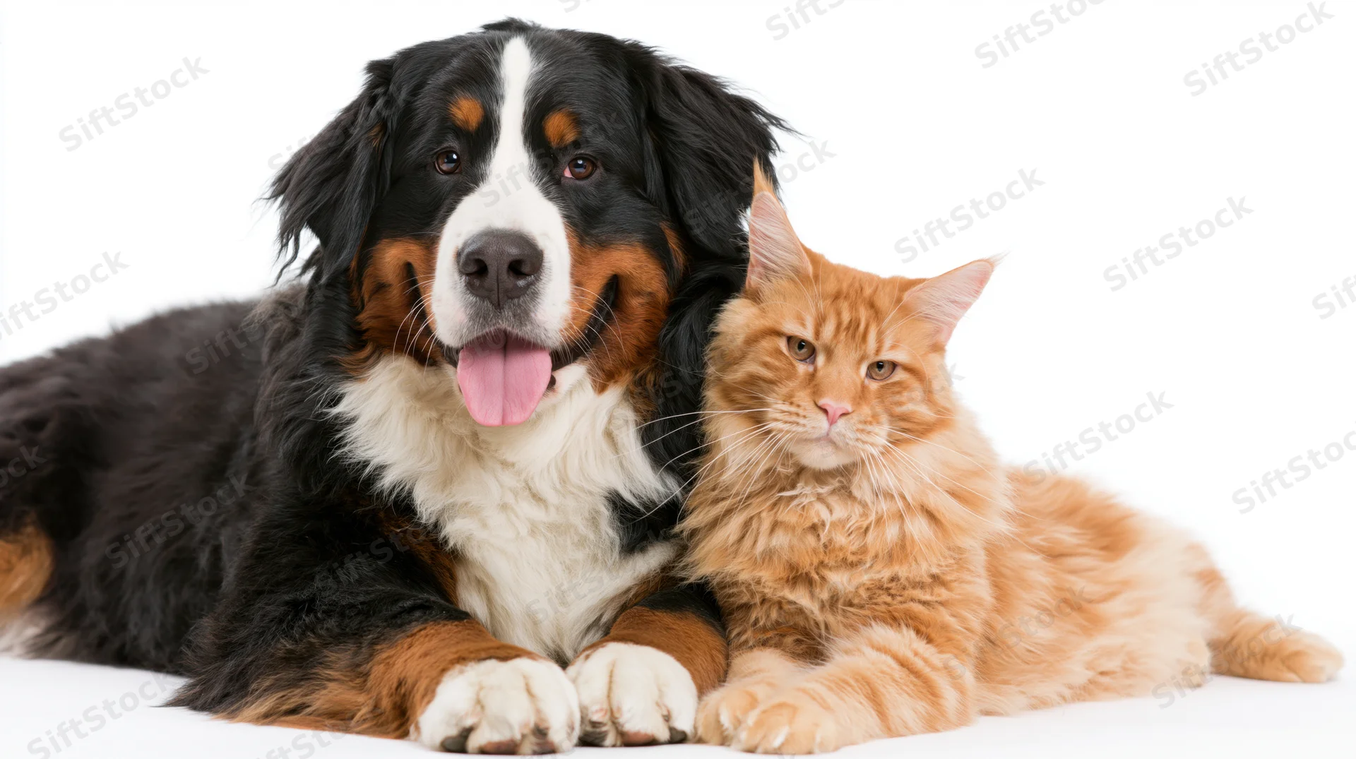 Bernese mountain dog lying beside orange cat on white background