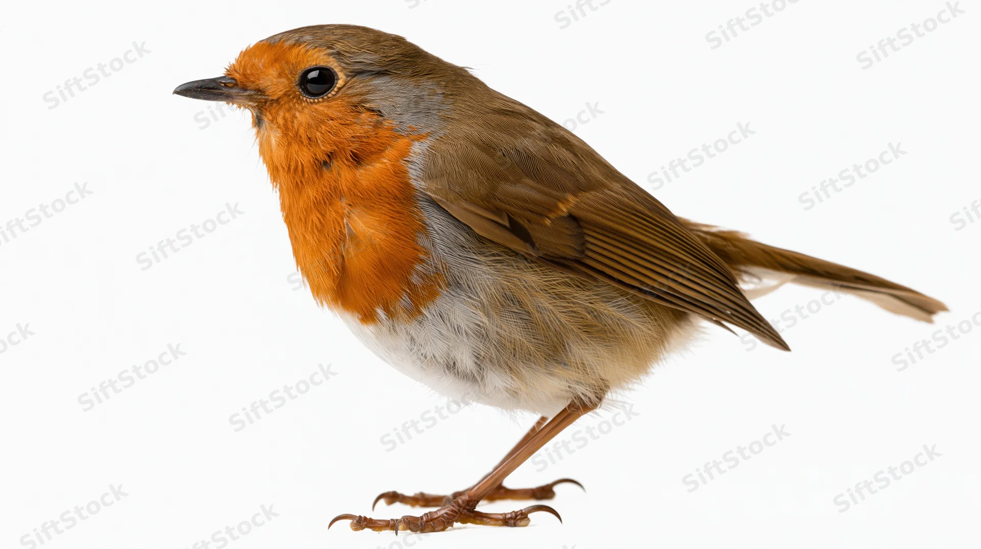 European robin perched upright facing slightly left with orange breast and brown feathers on white background