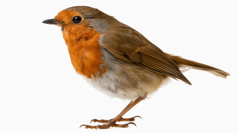 European robin perched upright facing slightly left with orange breast and brown feathers on white background
