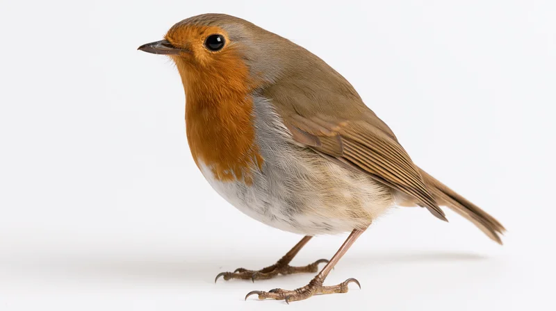 European robin perched upright facing slightly left on white background
