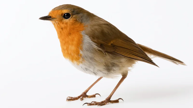 European robin perched upright facing slightly left on white background