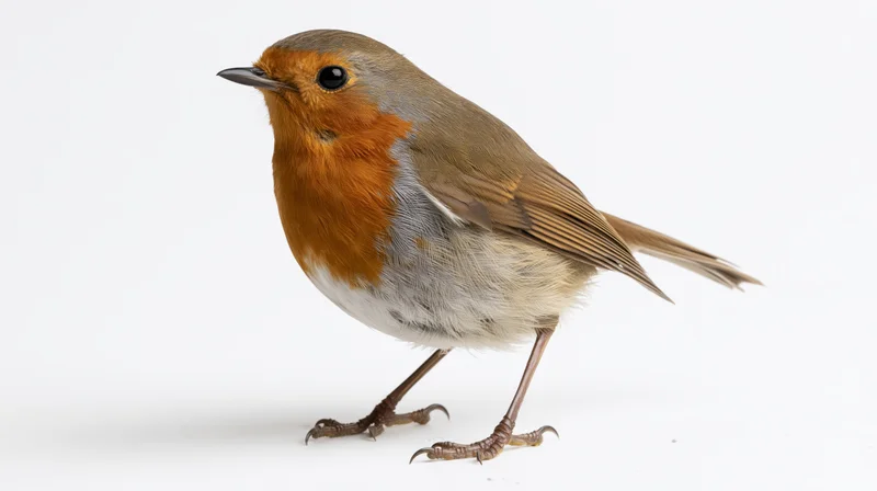 European robin perched upright facing slightly left on white background