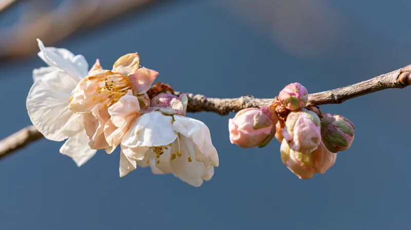 White and pink blossoms blooming on a bare branch against a blue sky