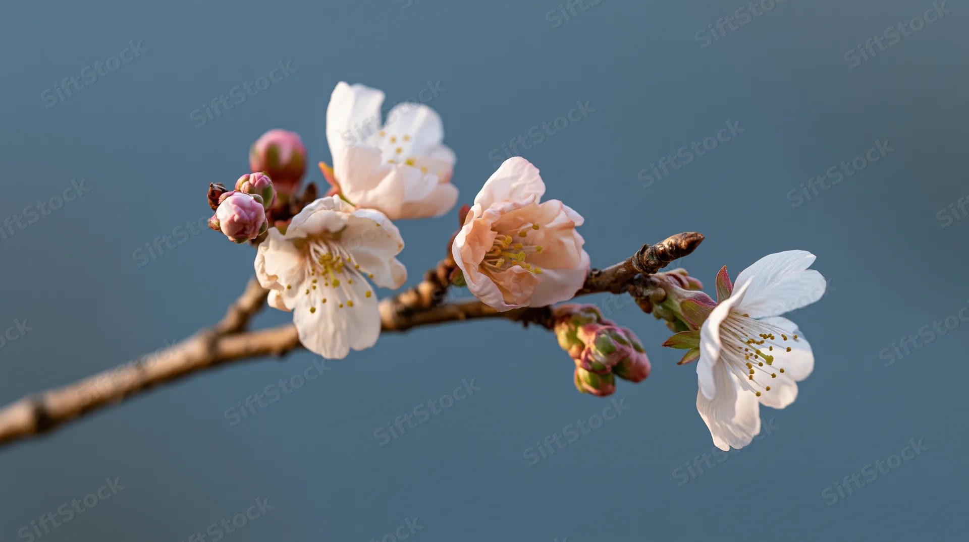 Cherry blossom flowers blooming on a bare branch against a soft blue background