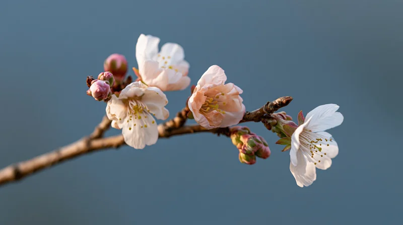 Cherry blossom flowers blooming on a bare branch against a soft blue background