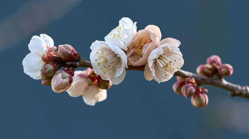 Apricot blossoms blooming on a woody branch against a soft blue background