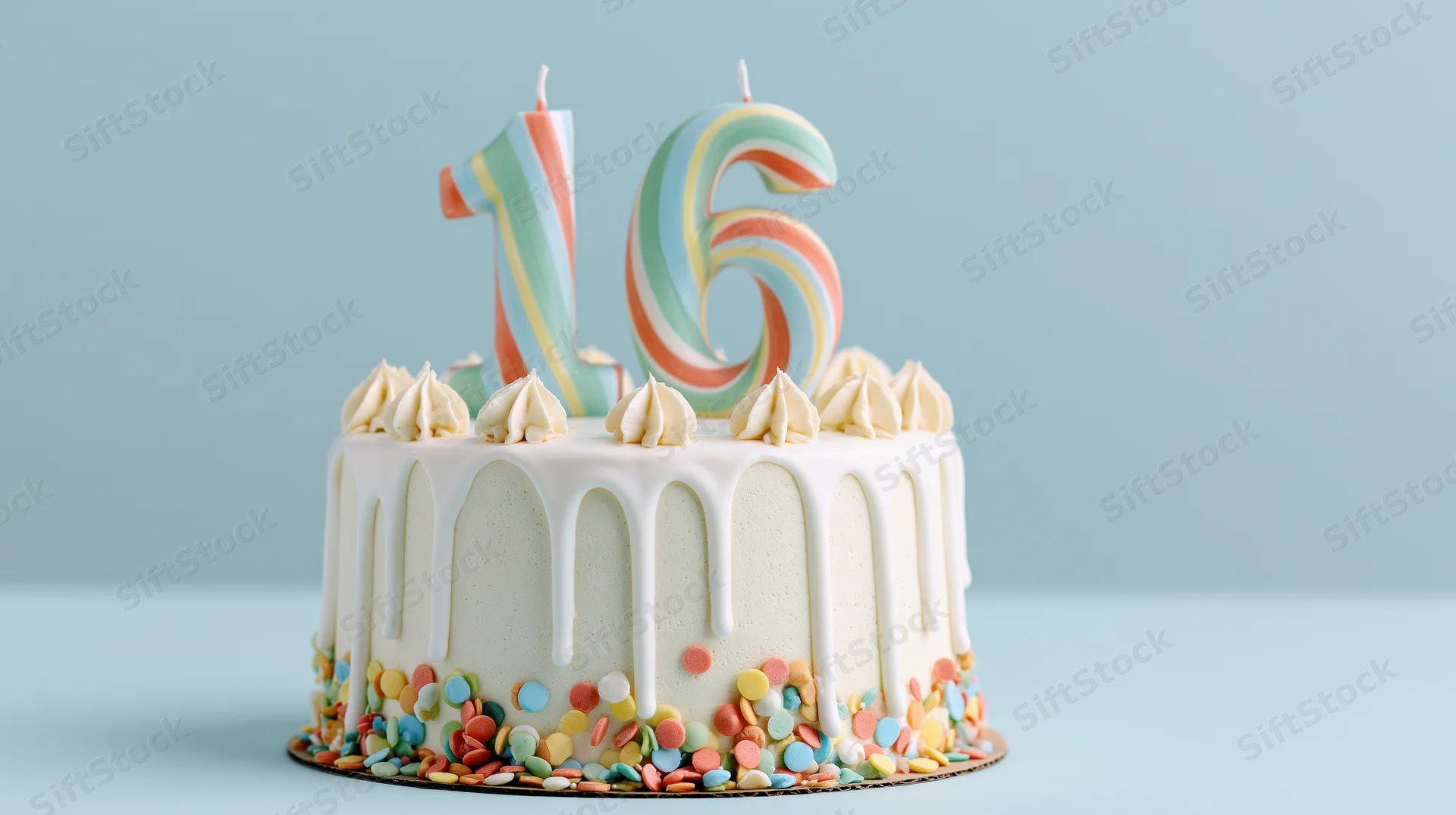 Birthday cake with number 16 candles and white drip frosting on blue background