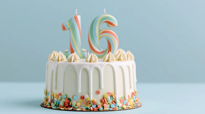 Birthday cake with number 16 candles and white drip frosting on blue background