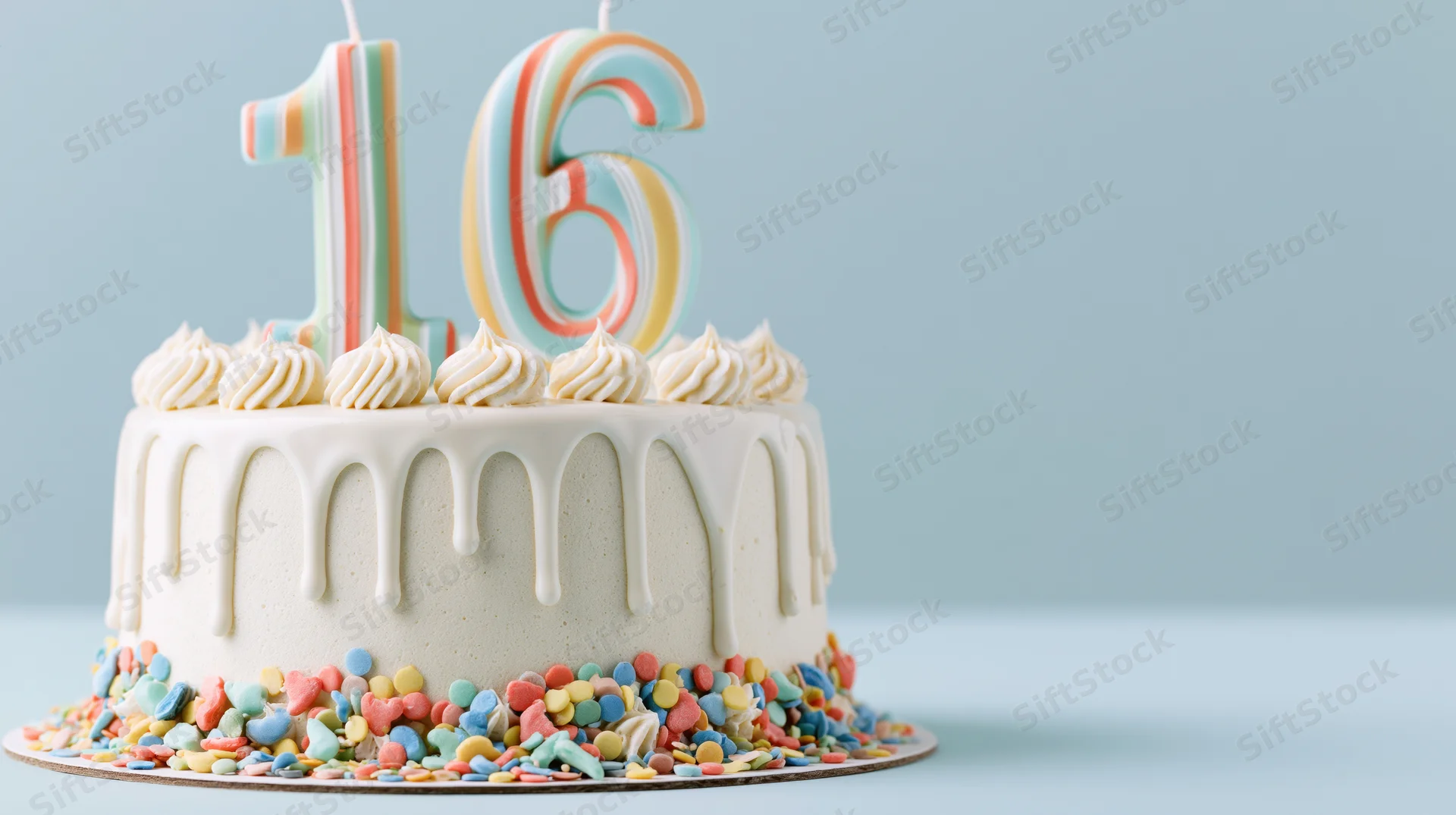 White birthday cake with number 16 candles and colorful sprinkles on light blue background