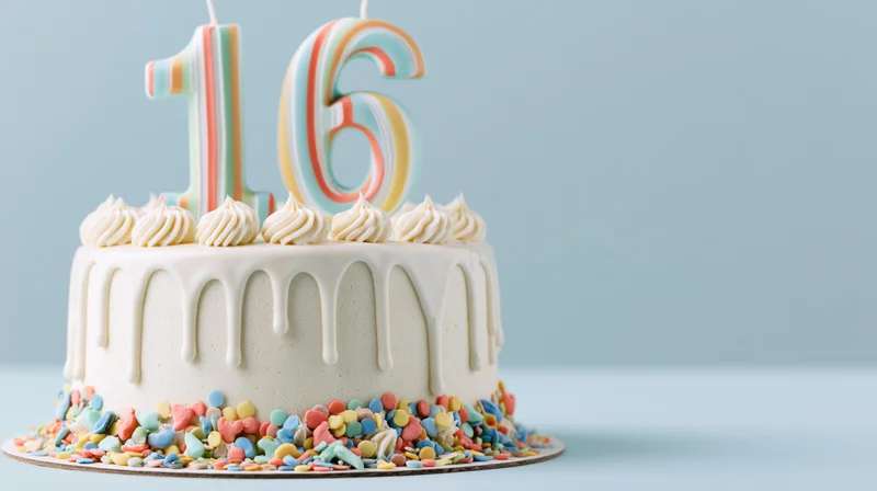 White birthday cake with number 16 candles and colorful sprinkles on light blue background
