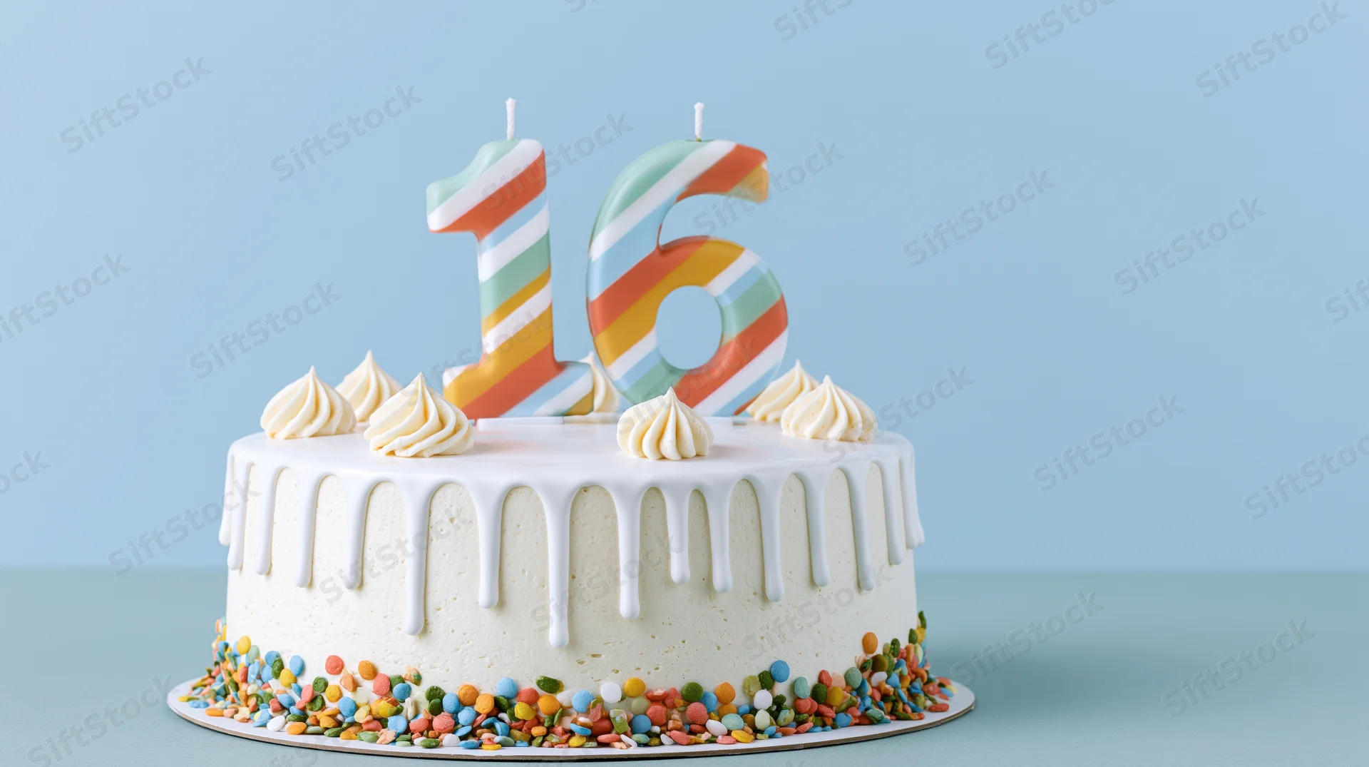 White birthday cake with number 16 candles and colorful sprinkles on a blue background
