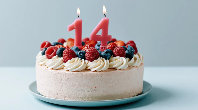 Birthday cake with lit number 14 candles and berries on cream frosting on a plate