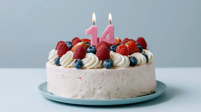 Birthday cake with lit pink number 14 candles and mixed berries on white frosting, on a teal plate against a light blue background
