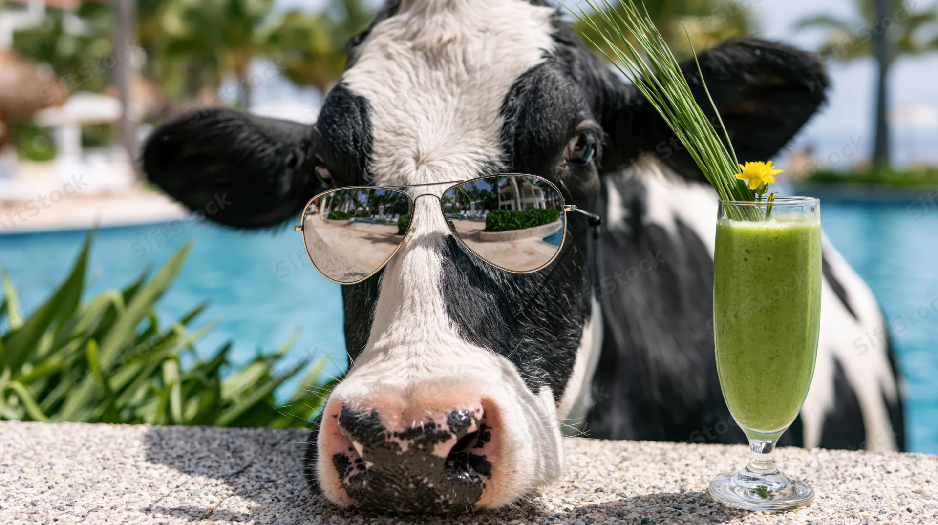 Holstein cow wearing mirrored aviator sunglasses beside a green smoothie by a poolside resort