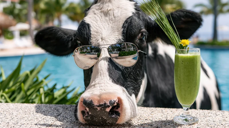 Holstein cow wearing mirrored aviator sunglasses beside a green smoothie by a poolside resort