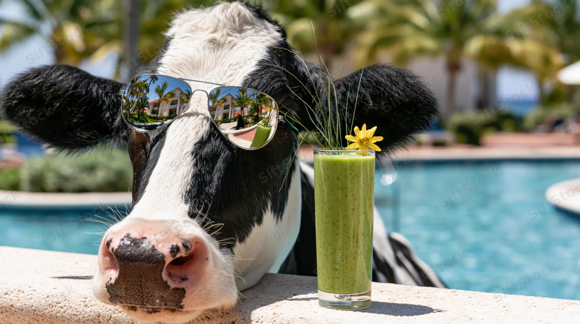 Holstein cow wearing mirrored aviator sunglasses beside a green smoothie by a swimming pool at a tropical resort