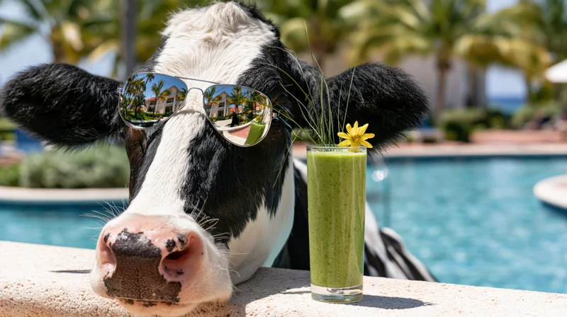 Holstein cow wearing mirrored aviator sunglasses beside a green smoothie by a swimming pool at a tropical resort